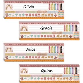 48 Pcs Boho Rainbow Desk Name Tags, Multipurpose Name Plates Alphabet Multiplication Desk Plate for Kids Pre Kindergarten to Primary School (3.5 x 11.8 Inch) with Alphabet, Colors, Shapes, Numbers