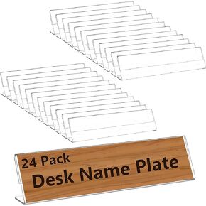 24 Pieces Acrylic Name Plates for Desks, 2 x 8 Inches Clear Slant Back Sign Holder Stand for Table Display, License Name Label Holder Table Tents Frame for Office, Classroom