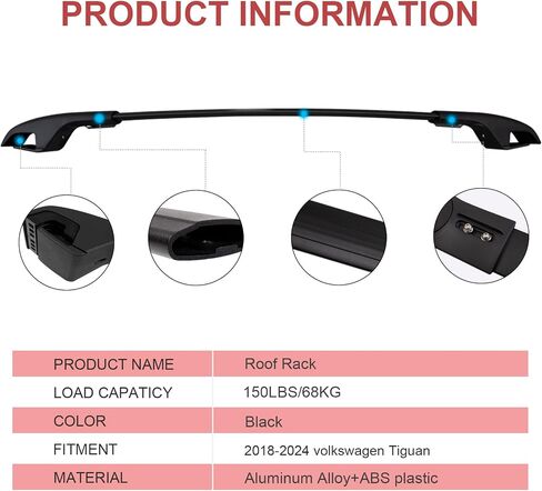 قضبان متقاطعة لحامل السقف مناسبة لسيارات Volkswagen Tiguan 2018 2019 2020 2021 2022 2023 2024 وTaos 2022 2023 2024، قضبان سقف من الألومنيوم قضبان متقاطعة على السطح وقضبان أمتعة كاياك سوداء in Kuwait