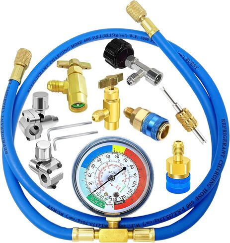 طقم خرطوم إعادة شحن غاز التبريد AC R134A R1234YF، مجموعة قياس AC R134a 1234yf مع صمامات ثقب الرصاصة، صنابير علب R134a R1234yf، قارنات التوصيل السريعة ذات الضغط المنخفض in Kuwait