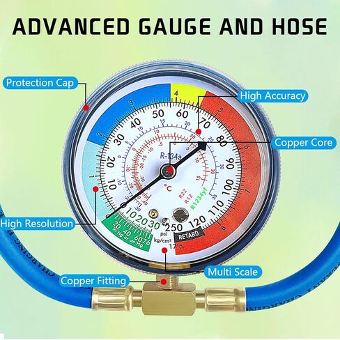 طقم خرطوم إعادة شحن غاز التبريد AC R134A R1234YF، مجموعة قياس AC R134a 1234yf مع صمامات ثقب الرصاصة، صنابير علب R134a R1234yf، قارنات التوصيل السريعة ذات الضغط المنخفض in Kuwait
