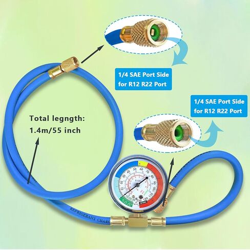 طقم خرطوم إعادة شحن غاز التبريد AC R134A R1234YF، مجموعة قياس AC R134a 1234yf مع صمامات ثقب الرصاصة، صنابير علب R134a R1234yf، قارنات التوصيل السريعة ذات الضغط المنخفض in Kuwait