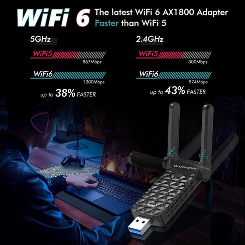 محول USB WiFi للكمبيوتر المكتبي، AX1800 5G/2.4G USB 3.0 WiFi Dongle محول شبكة WiFi 6 لاسلكي لأجهزة الكمبيوتر المحمول المكتبية، هوائي مزدوج 5dBi عالي الكسب، أمان WPA3، يدعم Windows 11/10 in Saudi Arabia
