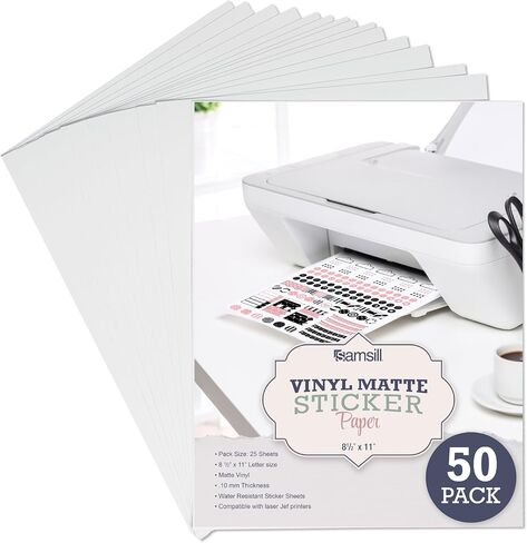Samsill 25 Pack Matte White Sticker Paper 8.5x11 inch Inkjet Laser Printable Vinyl Full Size Sticker Paper, Adhesive Label Sheets, Bulk Sticker Paper in Saudi Arabia