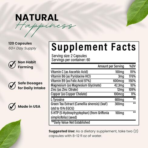 All-in-1 Advanced Formula Mood & Focus 5-HTP, L-Tyrosine with Green Tea Extract, Vitamin B6, Vitamin B9, Magnesium, Copper, Zinc - Memory & Energy - USA Made & Tested (120-day Supply) in Saudi Arabia