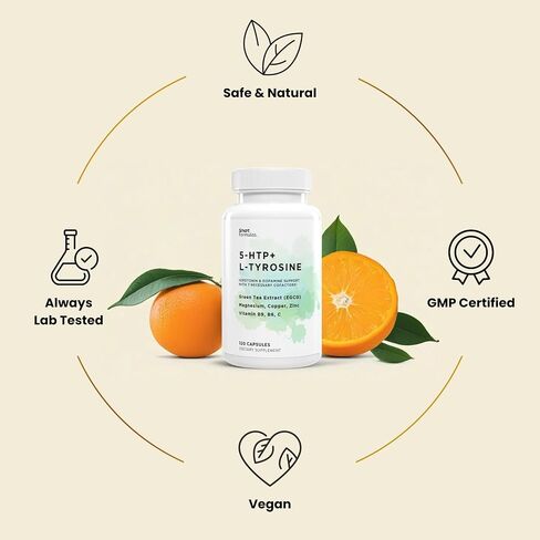 All-in-1 Advanced Formula Mood & Focus 5-HTP, L-Tyrosine with Green Tea Extract, Vitamin B6, Vitamin B9, Magnesium, Copper, Zinc - Memory & Energy - USA Made & Tested (120-day Supply) in Saudi Arabia
