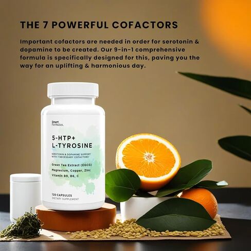 All-in-1 Advanced Formula Mood & Focus 5-HTP, L-Tyrosine with Green Tea Extract, Vitamin B6, Vitamin B9, Magnesium, Copper, Zinc - Memory & Energy - USA Made & Tested (120-day Supply) in Saudi Arabia
