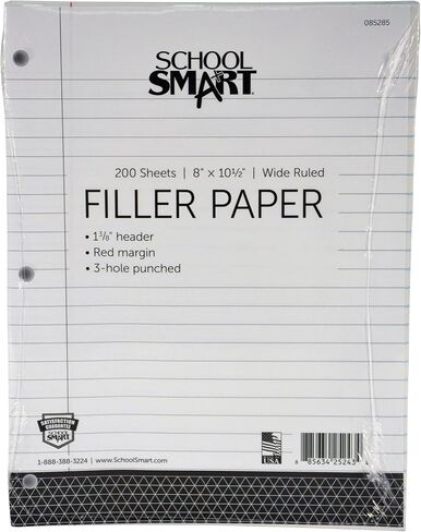 School Smart - 85285 3-Hole Punched Filler Paper w/ Red Margin, 8 x 10-1/2 Inches, Wide Ruled, 200 Sheets,White in Saudi Arabia