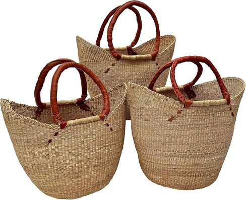 سلة تسوق أفريقية طبيعية فاخرة - كبيرة على شكل حرف U مقاس 18 بوصة - من تصميم نساء السوق في بولجاتانجا، غانا مع مشروع خشب القلب الأفريقي - GBLSN (معبأة بشكل مسطح) in Kuwait