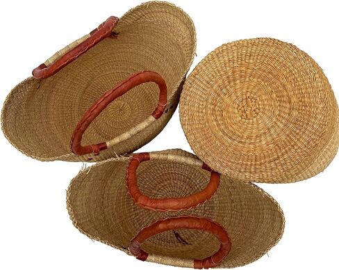 سلة تسوق أفريقية طبيعية فاخرة - كبيرة على شكل حرف U مقاس 18 بوصة - من تصميم نساء السوق في بولجاتانجا، غانا مع مشروع خشب القلب الأفريقي - GBLSN (معبأة بشكل مسطح) in Kuwait