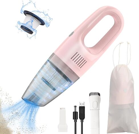 مكنسة كهربائية محمولة باللون الوردي، مكنسة كهربائية لاسلكية محمولة للغبار وشعر الحيوانات الأليفة والأوساخ والمنزل والسيارة الداخلية، سهلة الاستخدام، بطارية قابلة لإعادة الشحن مع كابل USB in Kuwait