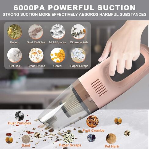 مكنسة كهربائية محمولة باللون الوردي، مكنسة كهربائية لاسلكية محمولة للغبار وشعر الحيوانات الأليفة والأوساخ والمنزل والسيارة الداخلية، سهلة الاستخدام، بطارية قابلة لإعادة الشحن مع كابل USB in Kuwait
