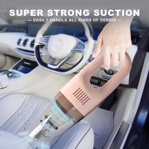 مكنسة كهربائية محمولة باللون الوردي، مكنسة كهربائية لاسلكية محمولة للغبار وشعر الحيوانات الأليفة والأوساخ والمنزل والسيارة الداخلية، سهلة الاستخدام، بطارية قابلة لإعادة الشحن مع كابل USB in Kuwait