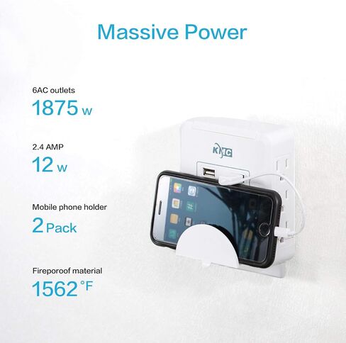 KMC Wall Surge Protector,6 Outlet Wall Mount Power Strip with 2 USB Charging Ports Total 2.4 AMP,Dual Slide-Out Smartphone Holders Design, Portable for Travel/Home/Office Use,ETL Certified in Saudi Arabia