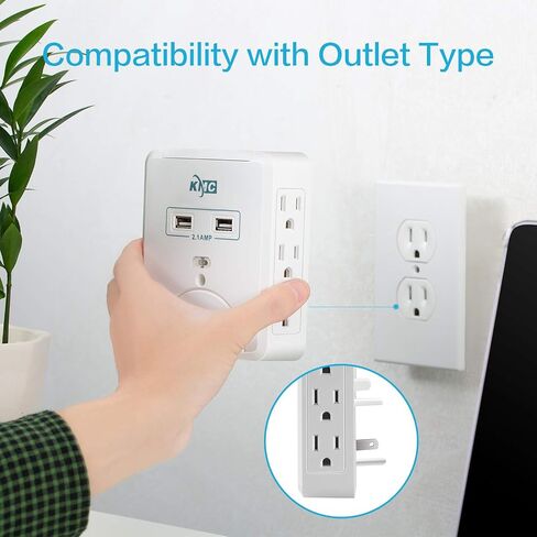 KMC Wall Surge Protector,6 Outlet Wall Mount Power Strip with 2 USB Charging Ports Total 2.4 AMP,Dual Slide-Out Smartphone Holders Design, Portable for Travel/Home/Office Use,ETL Certified in Saudi Arabia