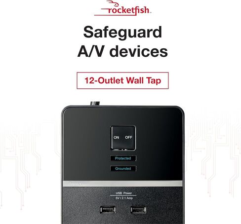 Rocketfish 12-Outlet/2-USB Surge Protector Strip - Provides Protection & Convenient Mobile Phone Charging - Black in Kuwait