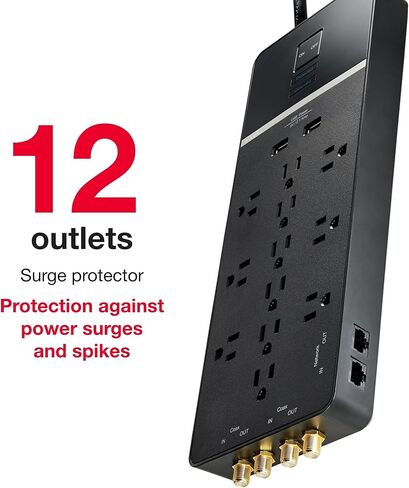 Rocketfish 12-Outlet/2-USB Surge Protector Strip - Provides Protection & Convenient Mobile Phone Charging - Black in Kuwait