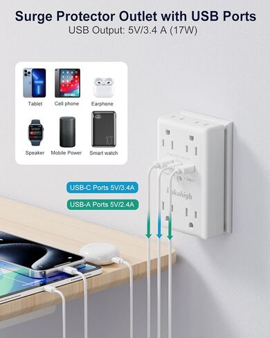 موسع منفذ الحائط مع منافذ USB، منفذ حماية الطفرة 1680J، مقابس متعددة في منفذ واحد مع برغي، مؤشر LED، مقسم منافذ كهربائية 1875 وات لمطبخ مكتب غرفة النوم، مدرج في قائمة ETL in Saudi Arabia