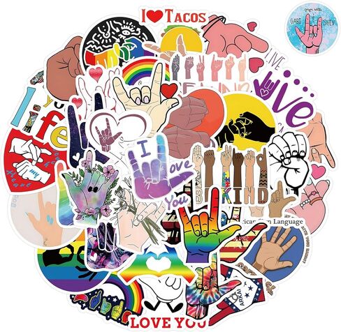100 قطعة من ملصقات ASL المقاومة للماء PVC مجموعة ملصقات لغة الإشارة الأمريكية اللطيفة لزجاجة المياه والدراجات النارية ولوح التزلج والكمبيوتر المحمول وشارات الأمتعة in Kuwait