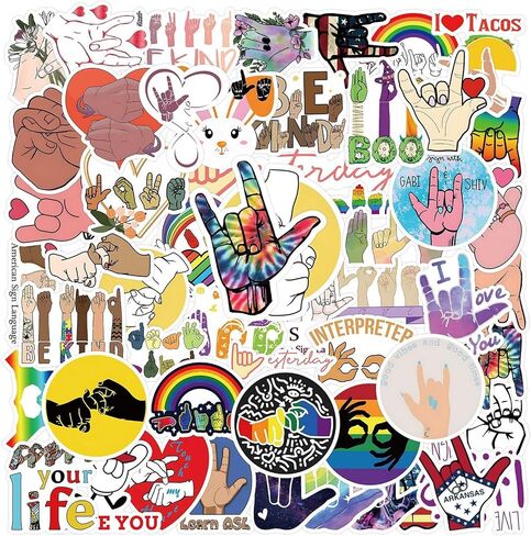 100 قطعة من ملصقات ASL المقاومة للماء PVC مجموعة ملصقات لغة الإشارة الأمريكية اللطيفة لزجاجة المياه والدراجات النارية ولوح التزلج والكمبيوتر المحمول وشارات الأمتعة in Kuwait