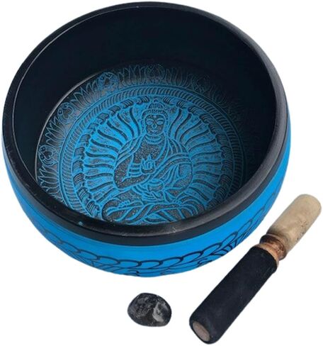 وعاء الغناء مستدير مقاس 8 بوصات بظلال من اللون الأزرق مع مطرقة خشبية وحجر كوارتز دخاني in Kuwait
