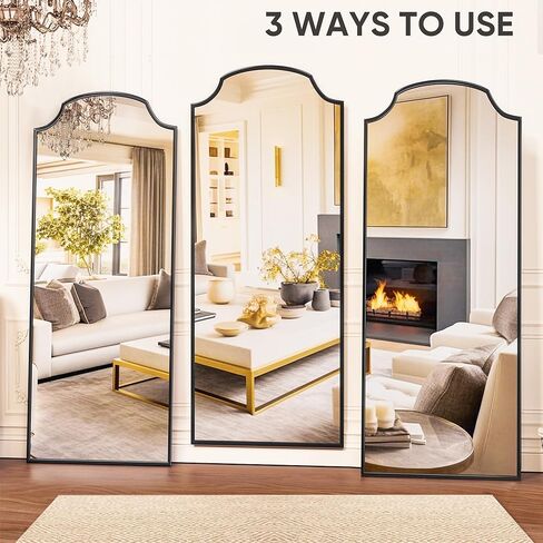 مرآة أرضية، 71 بوصة × 32 بوصة مرآة مقوسة بطول كامل مرآة مقوسة مع حامل، مرآة حائط مقوسة كبيرة بإطار من الألومنيوم، ديكور منزلي بسيط حديث لغرفة المعيشة وغرفة النوم، أسود in Kuwait