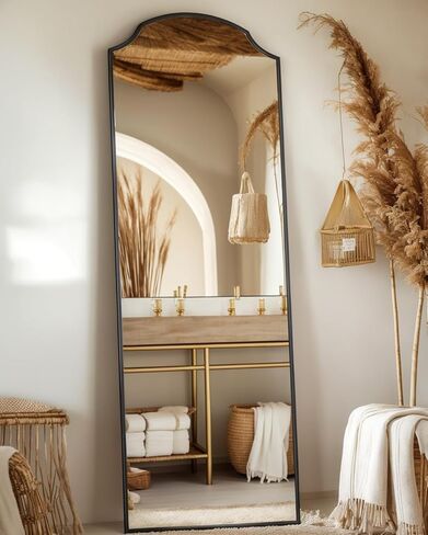 مرآة أرضية، 71 بوصة × 32 بوصة مرآة مقوسة بطول كامل مرآة مقوسة مع حامل، مرآة حائط مقوسة كبيرة بإطار من الألومنيوم، ديكور منزلي بسيط حديث لغرفة المعيشة وغرفة النوم، أسود in Kuwait