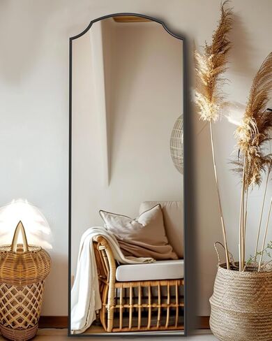 مرآة أرضية، 71 بوصة × 32 بوصة مرآة مقوسة بطول كامل مرآة مقوسة مع حامل، مرآة حائط مقوسة كبيرة بإطار من الألومنيوم، ديكور منزلي بسيط حديث لغرفة المعيشة وغرفة النوم، أسود in Kuwait