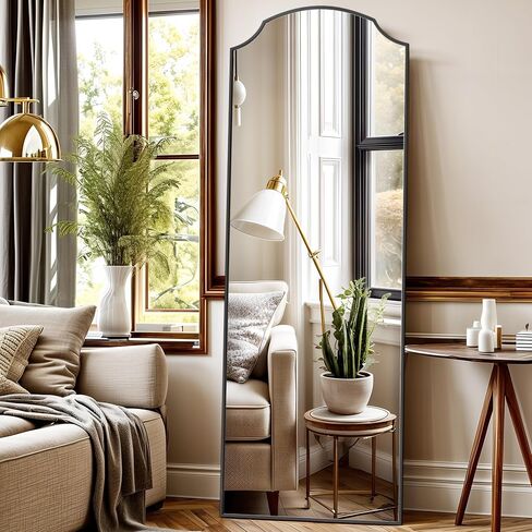 مرآة أرضية، 71 بوصة × 32 بوصة مرآة مقوسة بطول كامل مرآة مقوسة مع حامل، مرآة حائط مقوسة كبيرة بإطار من الألومنيوم، ديكور منزلي بسيط حديث لغرفة المعيشة وغرفة النوم، أسود in Kuwait