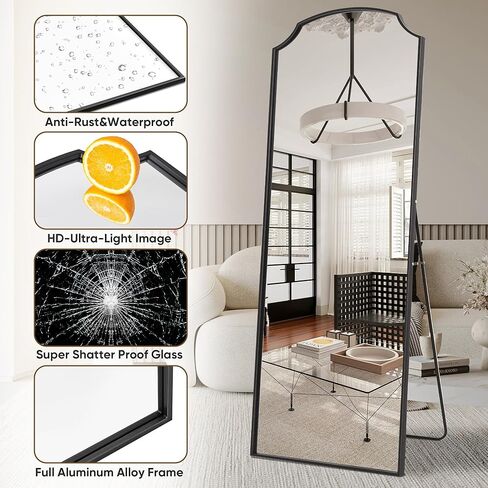 مرآة أرضية، 71 بوصة × 32 بوصة مرآة مقوسة بطول كامل مرآة مقوسة مع حامل، مرآة حائط مقوسة كبيرة بإطار من الألومنيوم، ديكور منزلي بسيط حديث لغرفة المعيشة وغرفة النوم، أسود in Kuwait