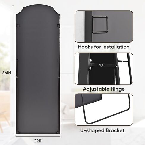 مرآة أرضية، 71 بوصة × 32 بوصة مرآة مقوسة بطول كامل مرآة مقوسة مع حامل، مرآة حائط مقوسة كبيرة بإطار من الألومنيوم، ديكور منزلي بسيط حديث لغرفة المعيشة وغرفة النوم، أسود in Kuwait