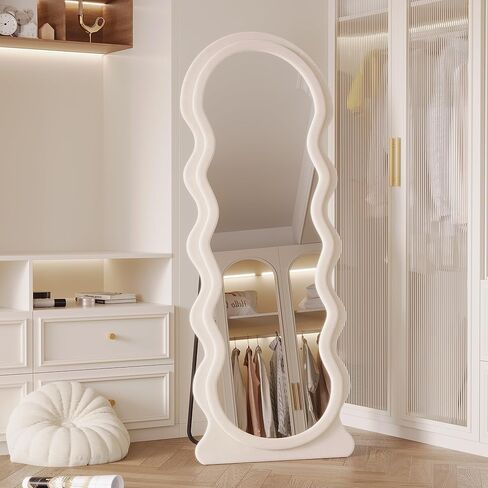 Vlsrka 63" x 24" Wavy Mirror Full Length, Irregular Wave Floor Mirror with Flannel Wrapped Wood Frame, Standing Full Body Mirror, Large Wall Mounted Mirror for Bedroom, Living Room (Green) in Kuwait