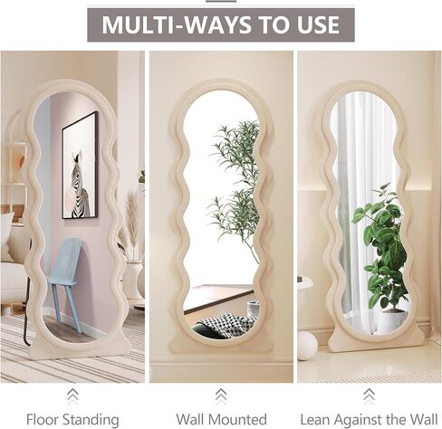 Vlsrka 63" x 24" Wavy Mirror Full Length, Irregular Wave Floor Mirror with Flannel Wrapped Wood Frame, Standing Full Body Mirror, Large Wall Mounted Mirror for Bedroom, Living Room (Green) in Kuwait