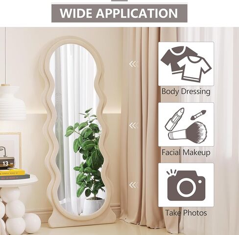 Vlsrka 63" x 24" Wavy Mirror Full Length, Irregular Wave Floor Mirror with Flannel Wrapped Wood Frame, Standing Full Body Mirror, Large Wall Mounted Mirror for Bedroom, Living Room (Green) in Kuwait