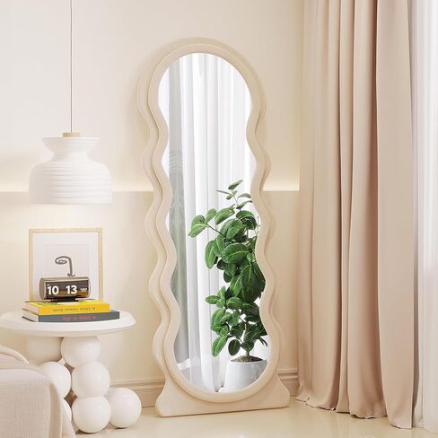 Vlsrka 63" x 24" Wavy Mirror Full Length, Irregular Wave Floor Mirror with Flannel Wrapped Wood Frame, Standing Full Body Mirror, Large Wall Mounted Mirror for Bedroom, Living Room (Green) in Kuwait