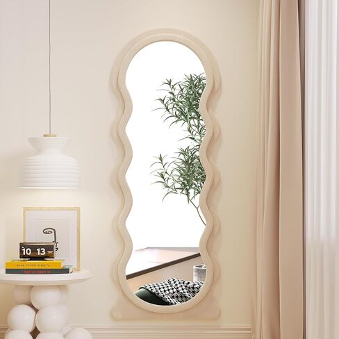 Vlsrka 63" x 24" Wavy Mirror Full Length, Irregular Wave Floor Mirror with Flannel Wrapped Wood Frame, Standing Full Body Mirror, Large Wall Mounted Mirror for Bedroom, Living Room (Green) in Kuwait
