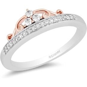 Jewelili Enchanted Disney Fine Jewelry 10K White Gold and Rose Gold with 1/6 Cttw Diamond Majestic Princess Tiara Ring