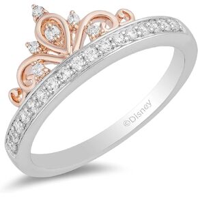 Jewelili Enchanted Disney Fine Jewelry Sterling Silver and 10K Rose Gold 1/5 CTTW Diamond Majestic princess Tiara Ring.