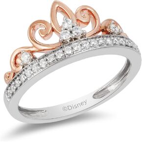Jewelili Enchanted Disney Fine Jewelry Sterling Silver and 10K Rose Gold 1/5 CTTW Diamond Multiprincess Tiara Ring