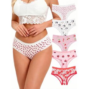Morvia 5pcs قلب النساء الكرز الفراولة طباعة النقيض من الدانتيل ملخصات سراويل داخلية وضعت ملابس داخلية منتظمة وحجم زائد