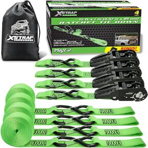 XSTRAP Standard Ratchet Tie أسفل الأشرطة - 4 PK - 1 '' × 15 قدمًا - 630 رطلاً غطاء تحميل 1890 رطلاً أحزمة القوة مع مقابض مبطنة وخطاف S المطلي بالدورة للدراجة النارية ، شاحنة (أسود)
