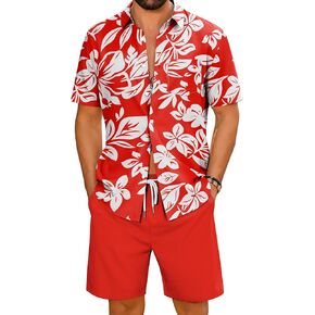 LecGee Men's 2 Piece Hawaiian Short Set Floral Button Down Shirt and Beach Shorts Summer Vacation Outfits for Men