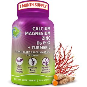 الكالسيوم 500mg القائم على النبات (أكامين) - نبات الكالسيوم الزنك المغنيسيوم D3 مع فيتامين K2 والكركم العضوي - تعزيز العظام والعضلات ، الدعم المناعي للنساء والرجال - 90 العد