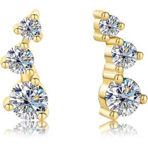 3 Stone Moissanite Ear Crawlers أقراط - طلاء الذهب 14K - هدية لها - GRA معتمد 0.52 قيراط