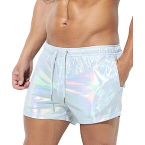 Casey Kevin Men's Holographic Metallic Short Sparkly Shiny Short Pants Rave Outfit Hot Shorts with Pockets and Drawstrings in Kuwait