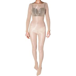 LESOYA Plus Size Women Shiny Glossy Nylon Sheer Bodystocking High Elastic Long Sleeve Bodysuit Nylon Catsuit in Kuwait