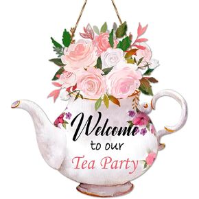 CANIPHA Tea Party Decorations Door Sign, Colorful TeaPot-Shaped Tea Party Decor Hanging Door Plaque Floral Themed Welcome Sign for Party, Tea Party Decors for Women Home Front Door Tea Party Supplies
