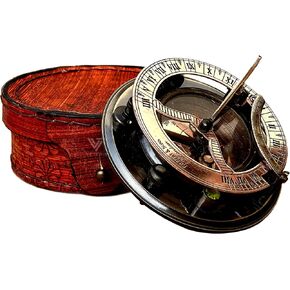Brass Sundial Compass with Leather Case - Gilbert Sundial Camping/Hiking Steampunk Accessory - Antique Finish - Beautiful -Sundial Clock (Antique Brass Sundial)