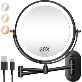 Wall Mounted Makeup Mirror with Light, 20X/1X 8'' Double Sided LED Magnifying Bathroom Lighted Vanity Mirror with Magnification, 3 Color Light up Touch Dimmable Extended Arm 360 Rotation