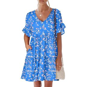ANRABESS Dresses for Women Summer 2025 V Neck Ruffle Sleeve A Line Tiered Flowy Casual Trendy Mini Beach Dress with Pockets